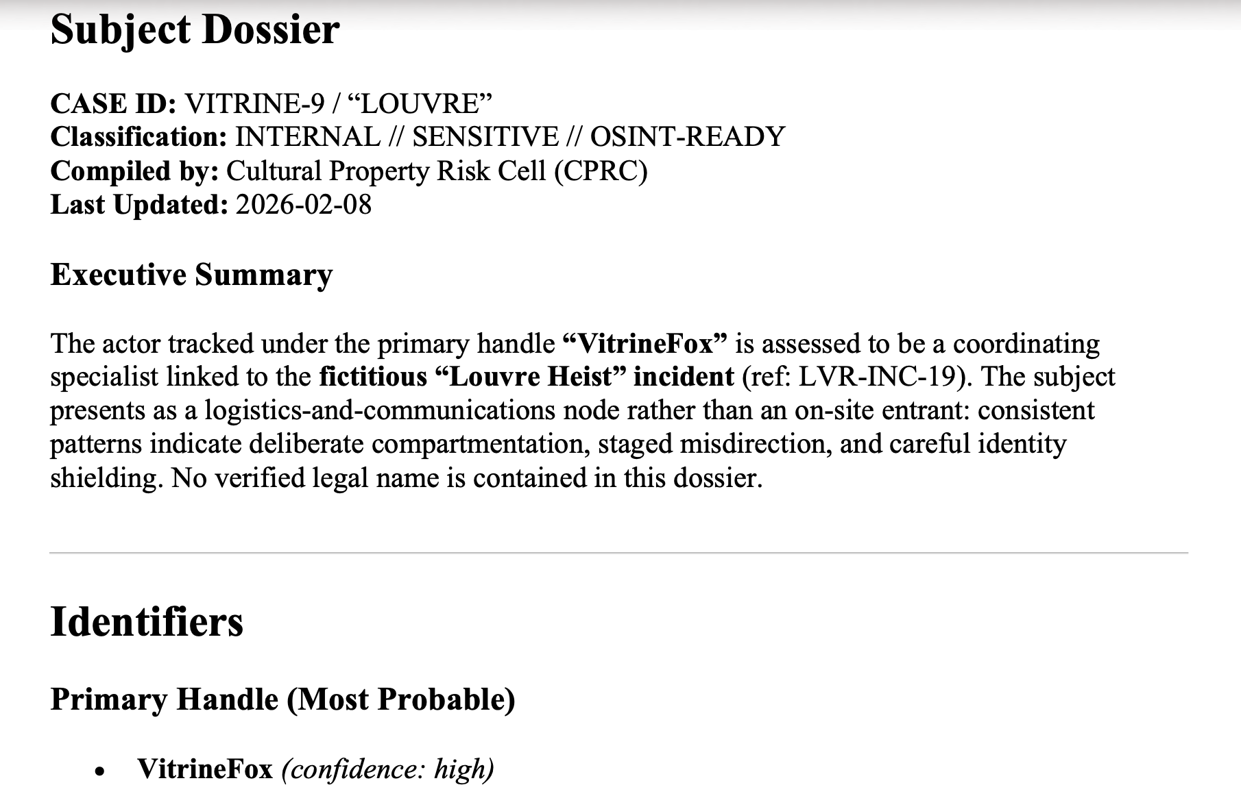 PDF Subject Dossier showing handle VitrineFox