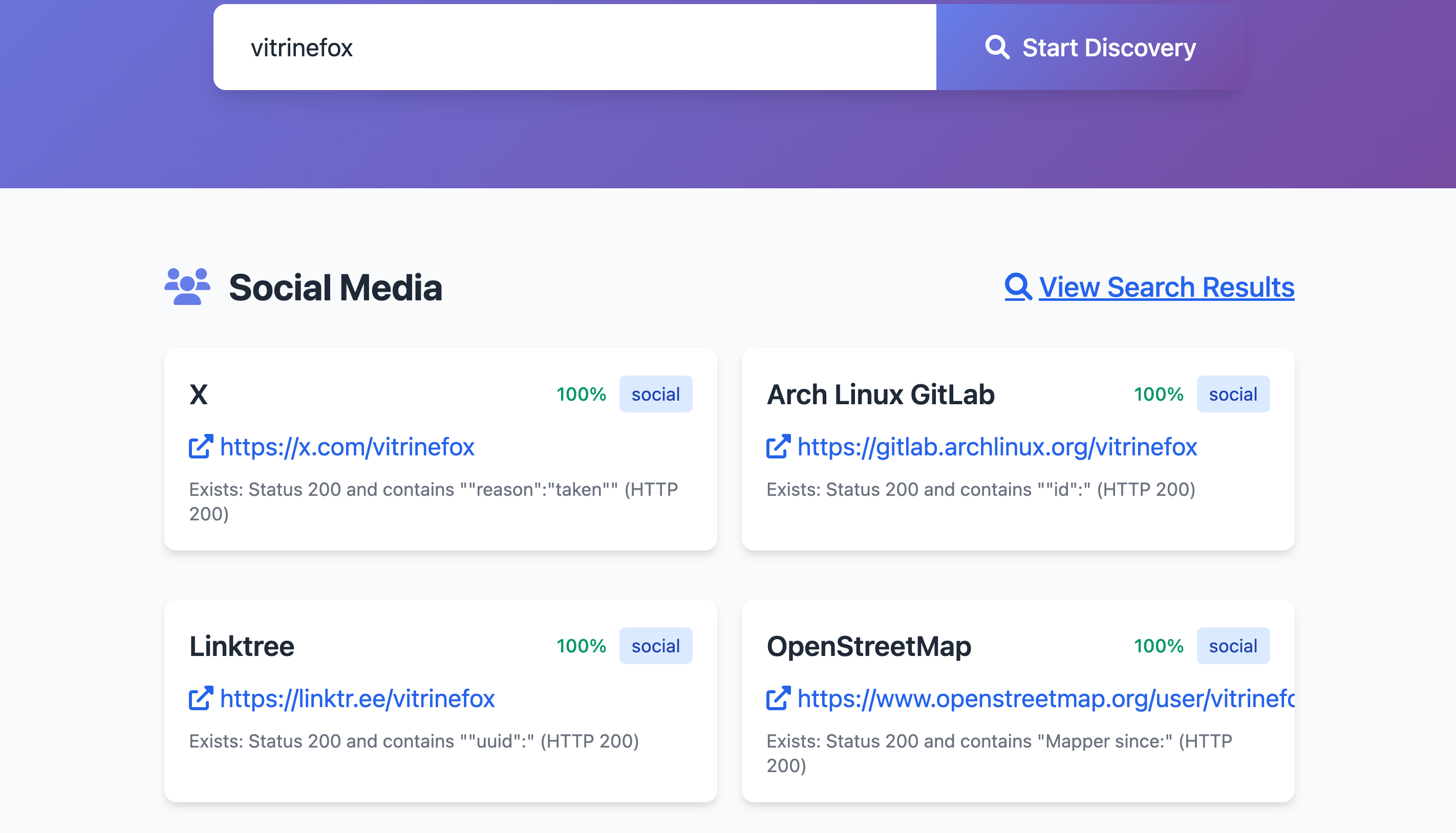 WhatsMyNameApp results showing OpenStreetMap
