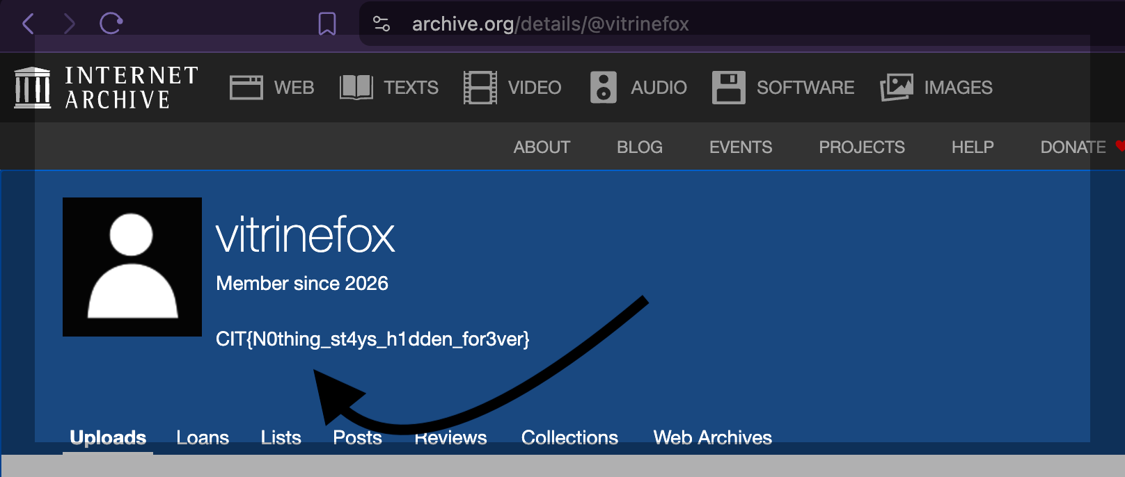 Internet Archive profile for vitrinefox showing the flag