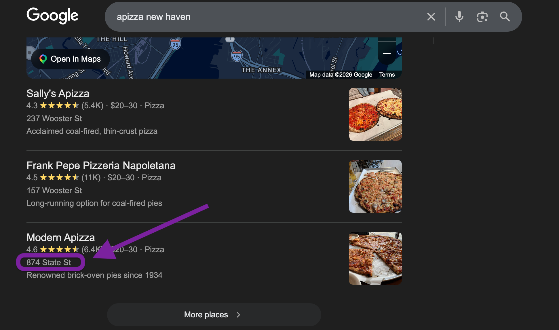 Google Maps search for apizza new haven
