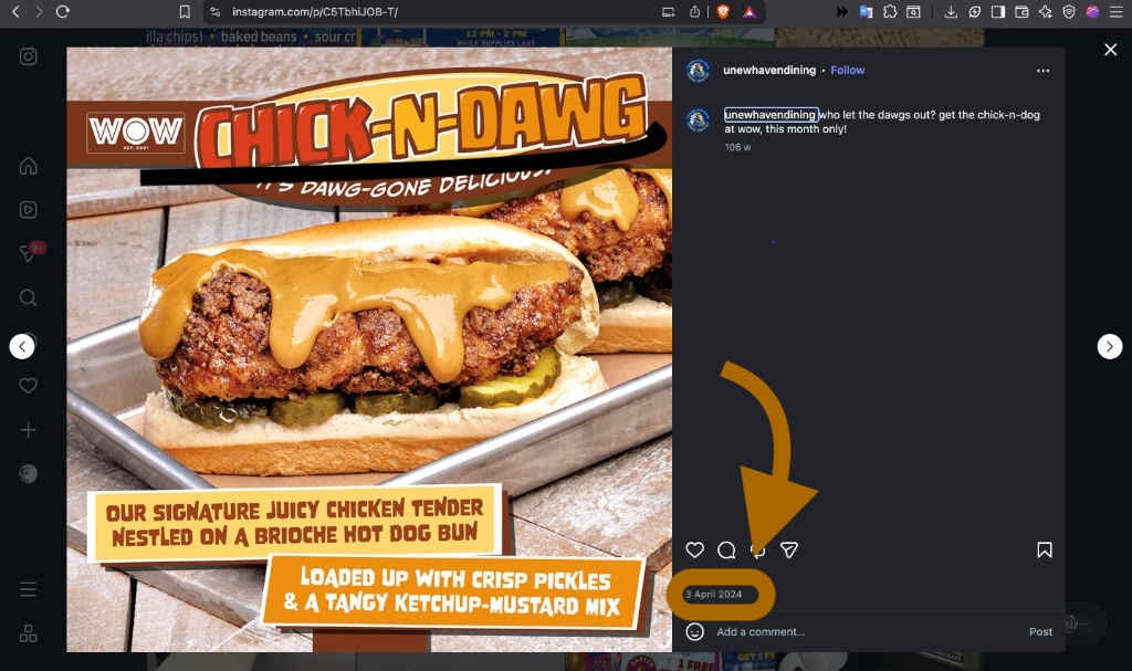Instagram post showing the Chick-N-Dawg in April 2024