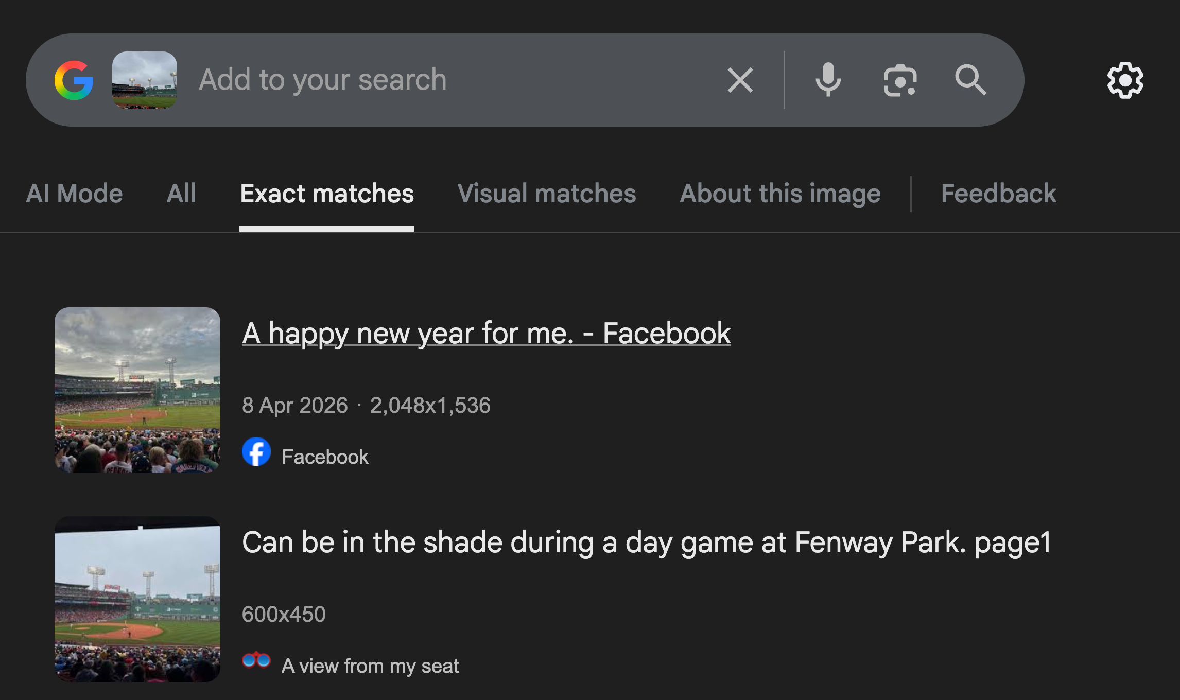 Google Lens Result identifying Fenway Park