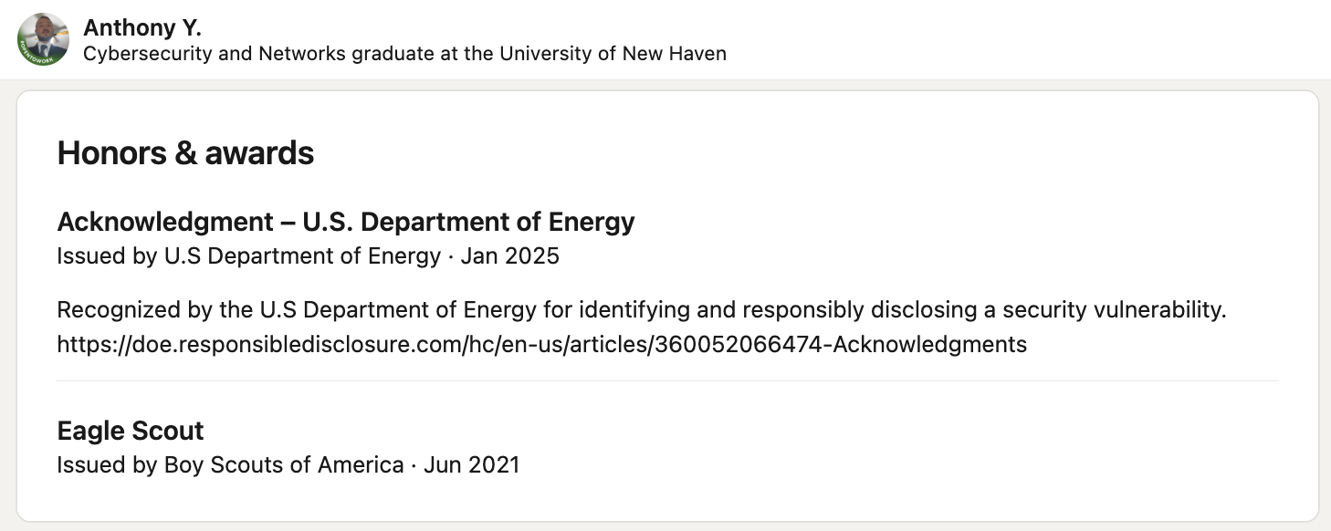 LinkedIn Honors and Awards for Anthony Yannella